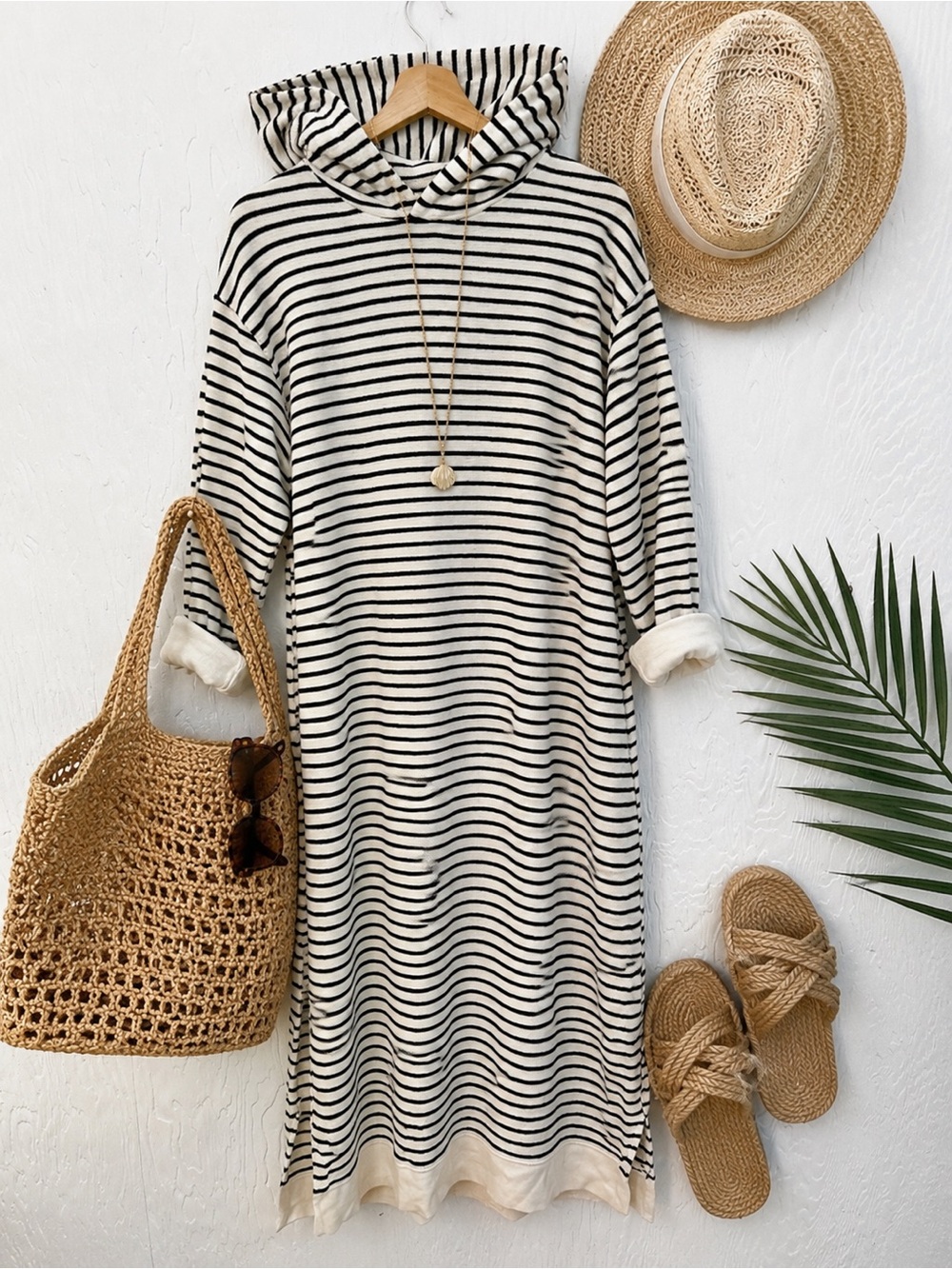 J&J Striped French Terry Hoodie Midi Dress Medium Black Cream Beach Coverup Pool